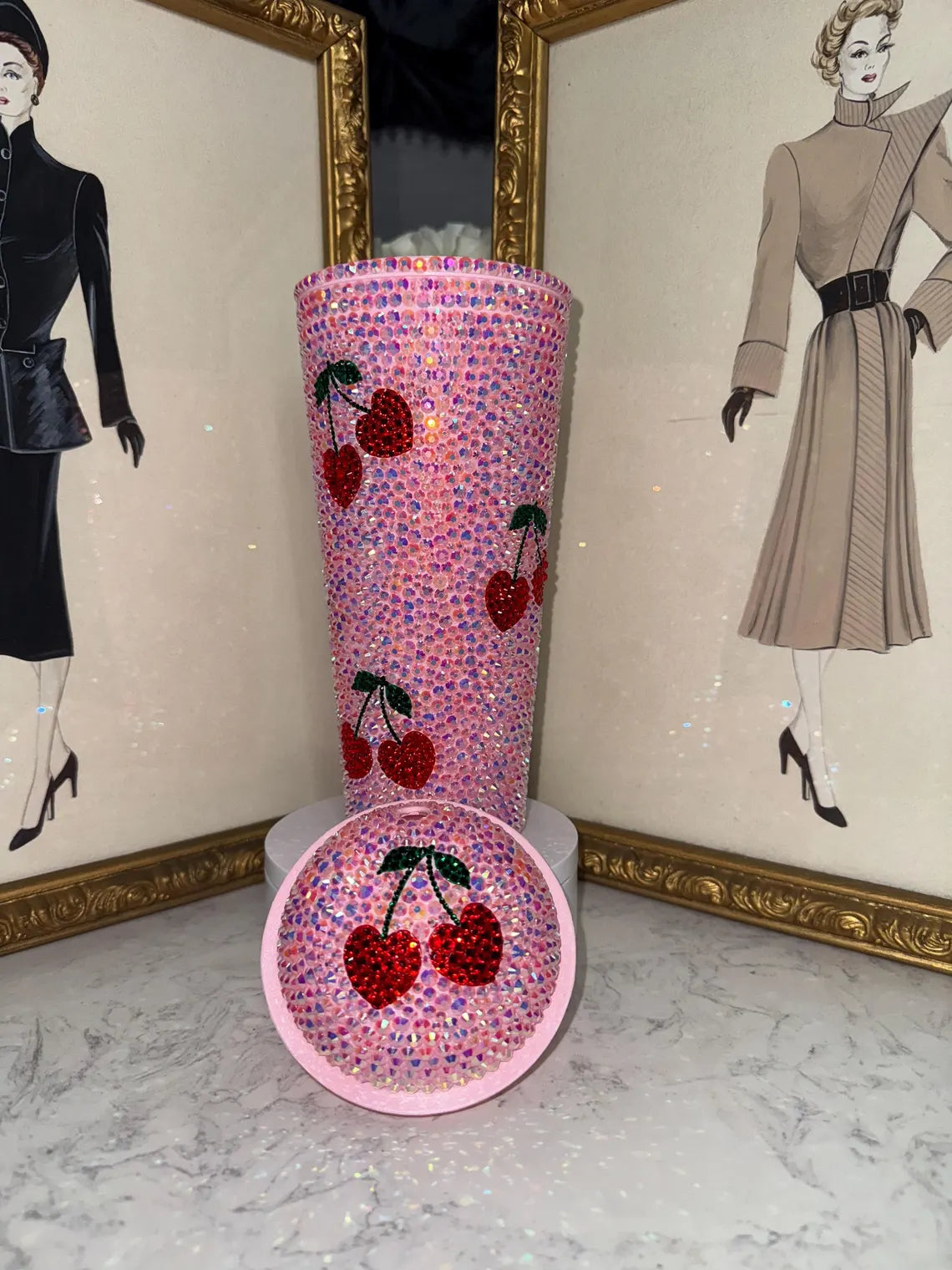 Cherry Bling Tumbler – Pink Rhinestone Iced Cup with Straw