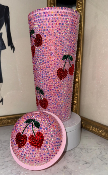 Cherry Bling Tumbler – Pink Rhinestone Iced Cup with Straw