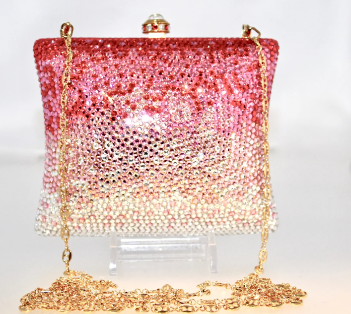 Pink Ombré Crystal Clutch – Gradient Bling Purse with Gold Chain