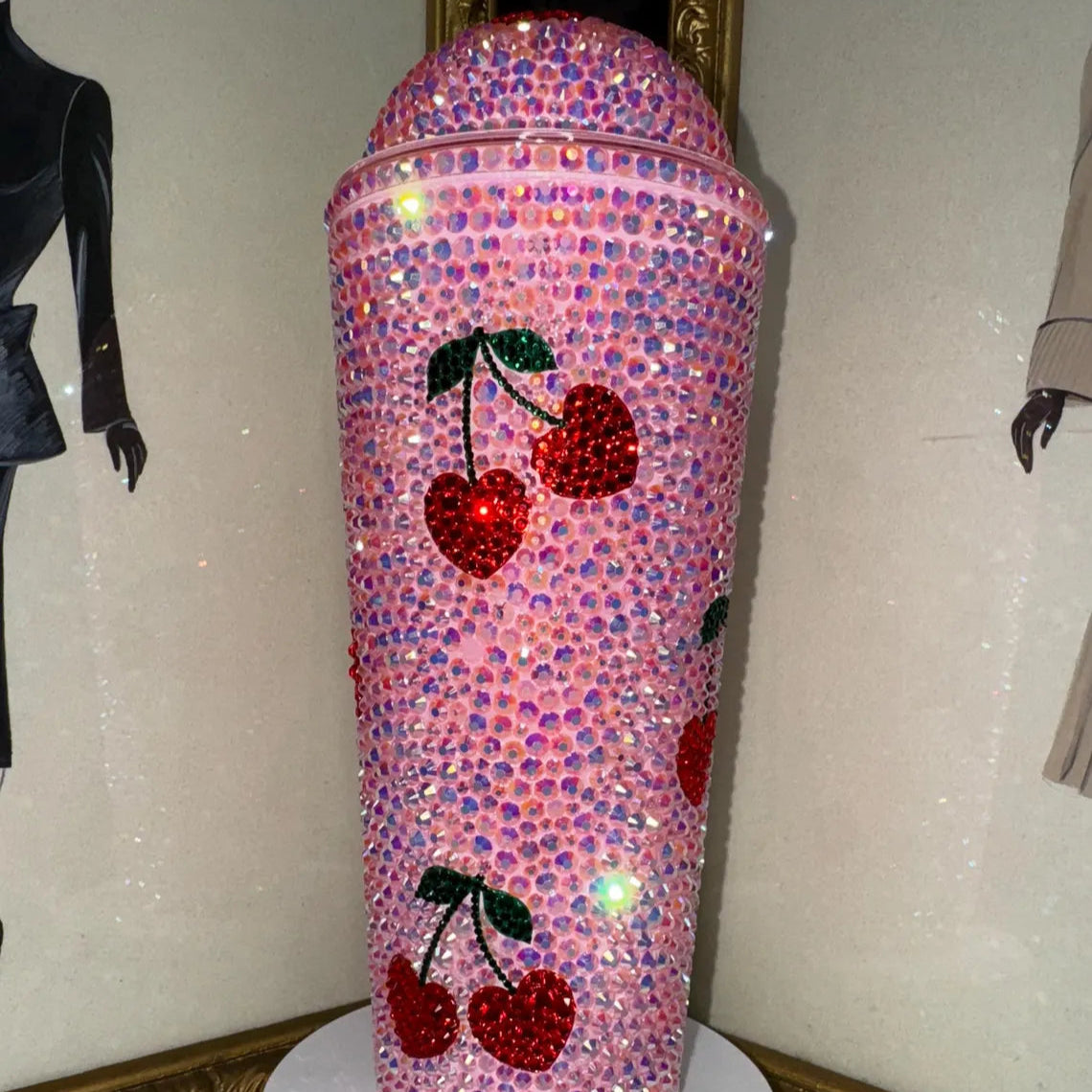 Cherry Bling Tumbler – Pink Rhinestone Iced Cup with Straw