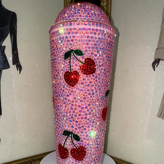Cherry Bling Tumbler – Pink Rhinestone Iced Cup with Straw