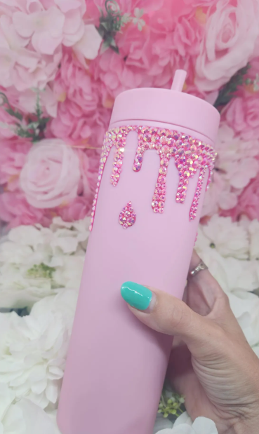 Pink Drip Rhinestone Tumbler – “Slay” Bling Cup
