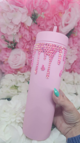 Pink Drip Rhinestone Tumbler – “Slay” Bling Cup