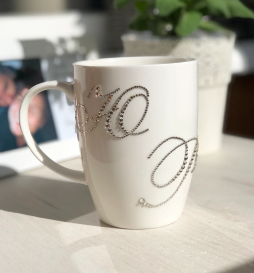 Custom White Mug with Bling Letters – Personalized Sparkle Cup