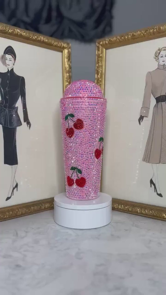 Cherry Bling Tumbler – Pink Rhinestone Iced Cup with Straw