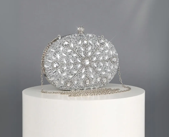 Statement Bling – Silver Oval Crystal Clutch for Weddings & VIPs