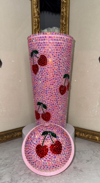 Cherry Bling Tumbler – Pink Rhinestone Iced Cup with Straw